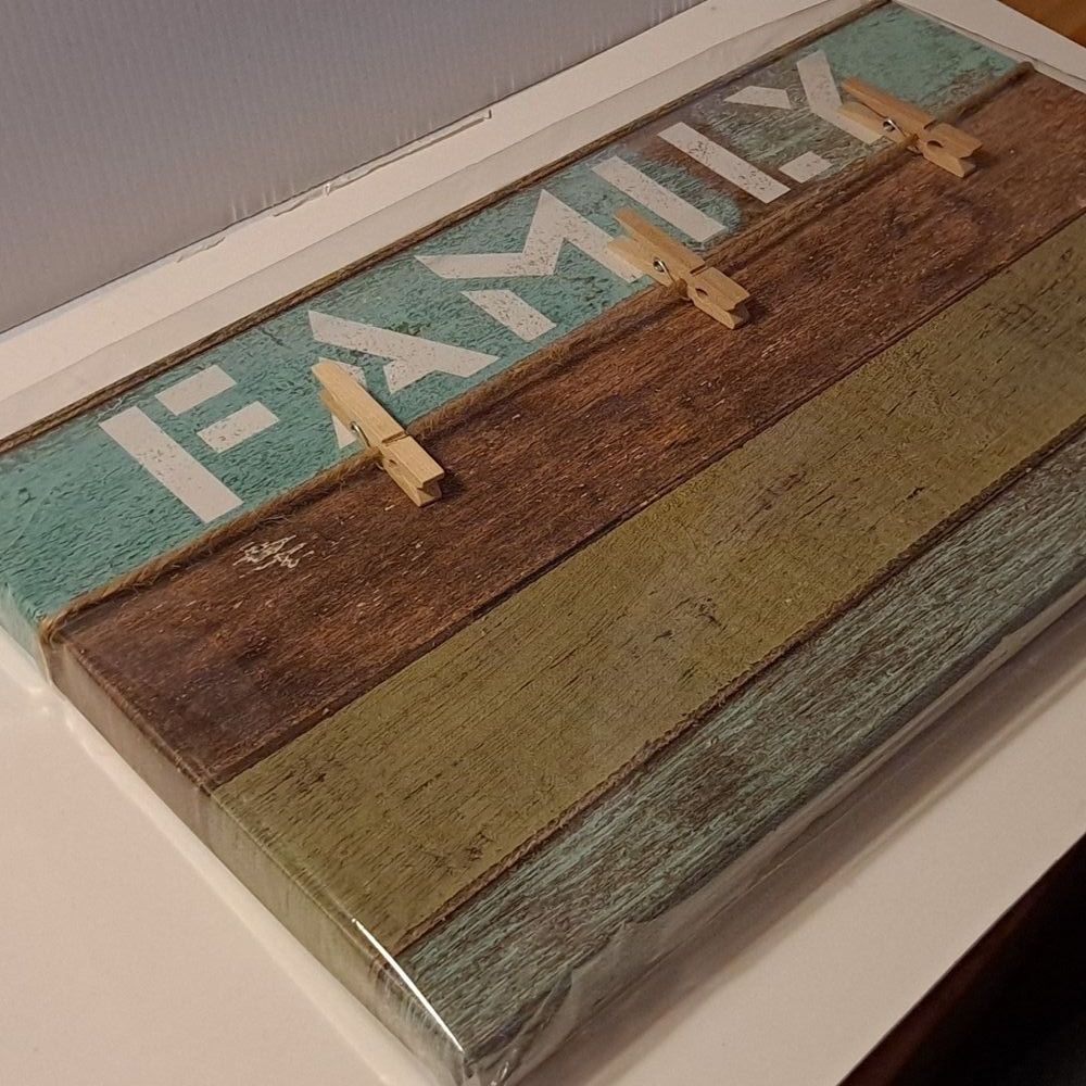 RUSTIC Look "FAMILY" 14x8 clothes pin photo collage display Vintage Look GIFTS